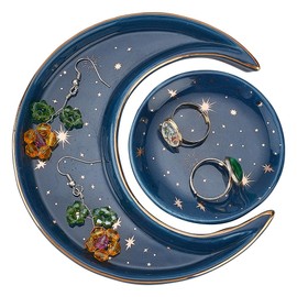 AHANDMAKER Sun and Moon Jewelry Plate, Ceramic Jewelry Dish Decorative Trinket Midnight Blue Holder Tray for Storing Rings, Earrings, Necklaces, Crystals Stones