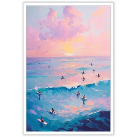 KOEUIRW - Pósteres de surf de verano de moda azul y rosa paisaje por el mar, arte de pared clásico costera de vaquera, impresión estética, pintura para adolescentes, recámara, departamento, decoración