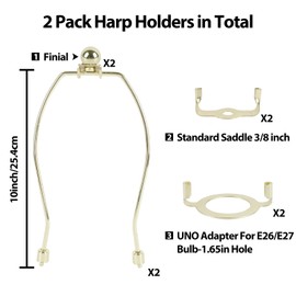 Filltown 10 Inch Lamp Harp 2 Set, Detachable Lamp Shade Holder for Table and Floor Lamps with Finial, Lamp Shade Harp with 3/8 Standard Saddle and 42mm Saddle Base for E26/E27 Socket, Gold