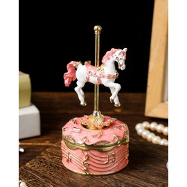 NIODAY to Alice Music Box Hand Painted Enamel Sculpted Musicial Figurine Vintage Hinged Music Box Unique Gifts for Her (Carousel Pink)