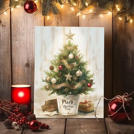 Vintage Christmas Tree Canvas Wall Art, Cozy Potted Farmhouse Decor Print Classical Holiday Scene Oil Painting Winter Aesthetic Artwork, Rustic Christmas Charm Retro Holiday Gift, 11x14 Framed