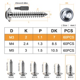 ddckj Pack of 60 Self Tapping Screws M3 x 10 mm Flat Head Self-Tapping Screws with Disc Washers Stainless Steel Screws Wood Full Thread Wood Screws Torx A2 V2A with T10 Drill