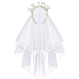 Poememgi BRIDE Letters Beading Headband with Veil, Bridal Bachelorette Party Headwear for Wedding Engagement Women Girls