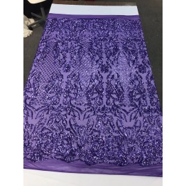 NEW CREATIONS FABRIC ANDFOAM INC LAVENDER SHINY SEQUIN DAMASK DESIGN EMBROIDERY ON A 4 WAY STRETCH MESH-1 YARD.