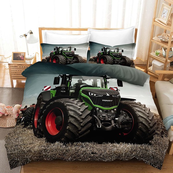 KGOSAUO 3D Tractor Bed Linen, Austrian Duvet Cover, 140 x 200 cm + 70 x 90 cm, Boys Tractors, Reversible Bed Linen, Soft Microfibre Cover Set with Zip