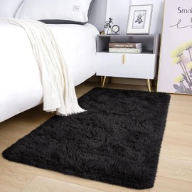 AMEHA Rugs Living Room - Black Area Rugs for Bedroom Anti-Slip - Modern Super Soft Fluffy Shaggy Thick Pile Rug Non- Shedding Easy To Clean, 60cm x 110cm