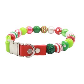 Christmas beaded Pet Collar for Small Medium and Large Dogs Beaded Silicone Dog Necklace Handmade Girl Bling Fancy Female Cats Pretty Pearls Perla (15 Inches)