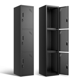 DNA MOTORING Metal Storage Cabinet for Employees with Keys, 71" Employees Metal Locker with 3 Doors, Tall Storage Lockers for Garage,Office,Home,Gym, Black, TOOLS-00789-BK-BK