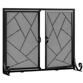 Fire Beauty Fireplace Screen with Hinged Doors Cast Iron Border Sturdy Steel Frame Durable Metal Mesh Decorative Spark Guard Black Finish(Middle)