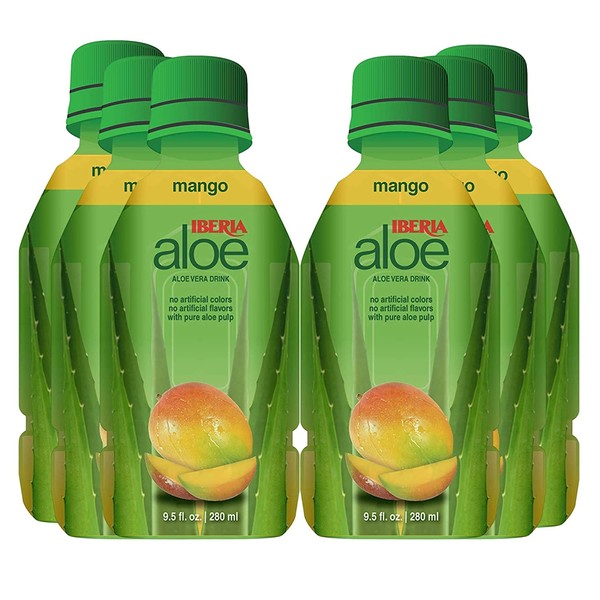 Iberia Aloe Vera Juice Drink, Mango, 9.5 Fl Oz (Pack of 6), with Pure Aloe Pulp, Aloin-Free, No Artificial Flavors Preservatives or Colors, Gluten Free, Vegan, BPA Free Convenient Healthy Juice