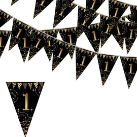 Flomiara Schwarz Gold Party Dekorationen Geburtstag Wimpelkette Happy Banner Wimpelkette Flaggen, 36 Stück Dreieck Gold Schwarz Glitzer Diamant nach Zahlen 50. Geburtstag Jubiläum Thema Party