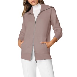 COCOMARTS Womens Crewneck Sweatshirts Zip Up Hoodies Casual Jacket with Pockets 2025 Fall Winter Fahsion Outfits Clothes Light Coffee Small