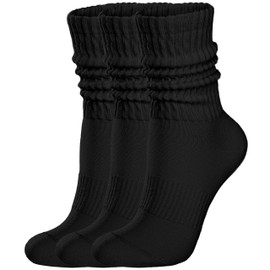 COZYOFFI Womens Scrunch Crew Socks: Retro Solid Slouch Mid Calf Socks - Cotton Casual Athletic Socks Black