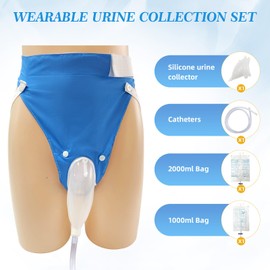 DWCHECK Wearable Urine Collection Bag for Women,Condom Catheters External Reusable Portable Silicone Urinal with 1000ml and 2000ml Urine Catheter Bags,Blue