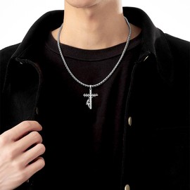 Lattd Cross Necklace with John 1:4 925 Sterling Silver Lineman Cross Pendant Christian Jewelry for Men, w/Stainless Steel Chain 22'' + 2''