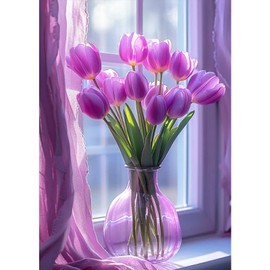 MXJSUA 5D Window Tulips Diamond Painting Pictures Kits, Flower Diamond Painting Set for Adults, Mosaic Making Diamond Painting for Home Decoration and Gift, 30x40 cm