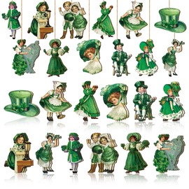 24 Pieces St. Patrick's Day Decorations Vintage Ornaments for Tree Shamrocks Wooden Hanging Ornaments Vintage Irish Embellishments with Ropes for St Patrick's Day Tree Table Decor (Clown Style)