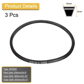 sourcing map 3Pcs SPZ-630 Drive Wedge Belt V-Belt Industrial Power Rubber Transmission Belt 630mm Pitch Girth,10mm Width, 8mm Height, 643mm Outer Girth