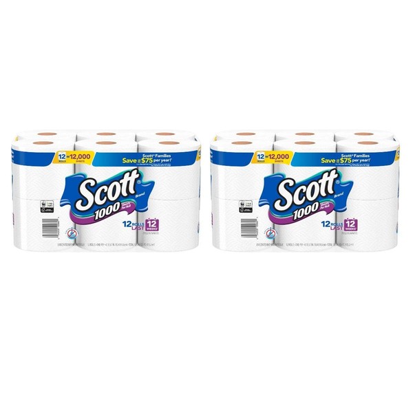 Scott 1000 Toilet Paper 12 Rolls, 12,000 Sheets (Pack of 2)