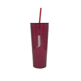 Modern Expressions Stainless Steel Monogram Tumbler 'J' Tumbler with Straw, 21 oz / 640 ml. Metallic Burgundy