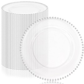 YJYQHYX 50 Pack Clear Charger Plates with Beaded Rim, 13 Inch Plastic Chargers for Dinner Plates Acrylic Round Tabletop Decoration for Home Kitchen Catering Wedding Table Event Party Dinner (Silver)