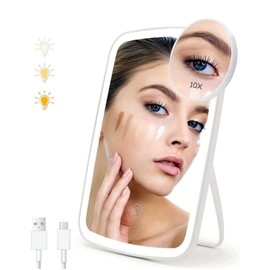 Espejo Maquillaje con Luz LED y Espejo Pequeño 10X Aumentos,Espejo con luz led,Plegable Recargable USB,Interruptor De Pantalla Táctil, 3 Colores Luces de Intensidad Ajustable,Regalos para Mujeres