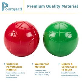 Pointyard 100mm Bocce Ball Set, Regulation Bocci Ball Set with 8 PE Bocce Balls/1 Pallino/Carrying Bag/Measuring Tape - Outdoor Family Bocce Game for Backyard/Lawn/Beach (Red,Blue,Green,Yellow)