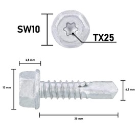 Hex Drilling Screw SW10+TX25 Zinc Filled Coating Underhead Locking Tooth, 6.3x25mm, 100 Pieces