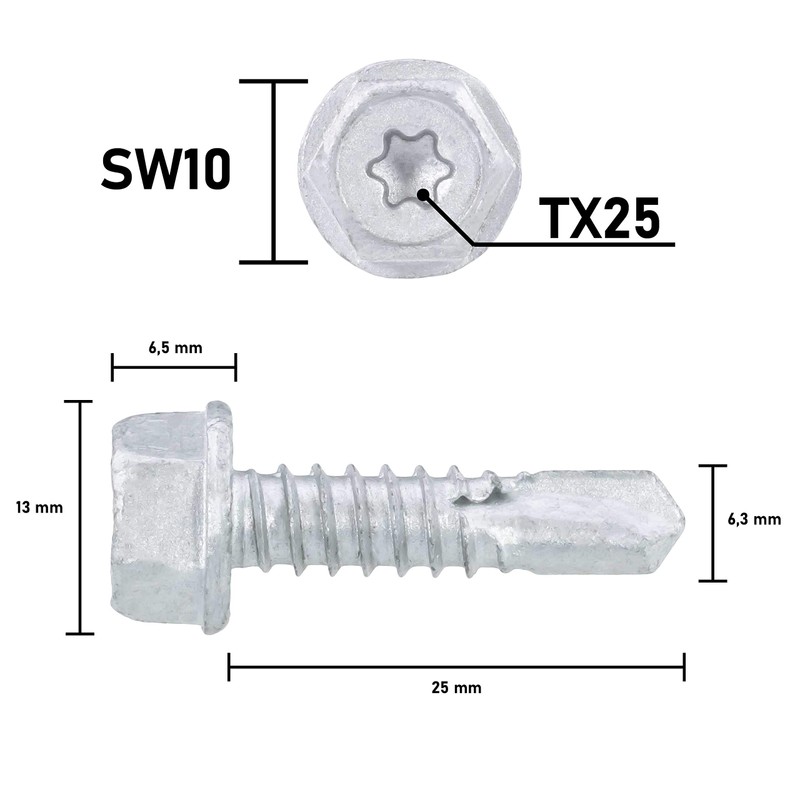 Hex Drilling Screw SW10+TX25 Zinc Filled Coating Underhead Locking Tooth,