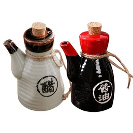 Luxshiny 2pcs Ceramic Soy Sauce Dispenser Japanese Style Oil Dispenser Ponzu Vinegar Dispenser Shoyu Soy Sauce Bottle with Cork Stopper Liquid Condiment Storage Jar for Kitchen 200ml