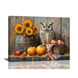 Fall Owl Wall Art Autumn Pumpkin Maple Leaf Pictures Wall Decor Leaves Sunflower Canvas Painting Modern Artwork Home Decoration for Living Room Bathroom Bedroom Office Framed 16"x12"