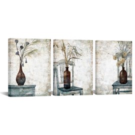 iHAPPYWALL 3 Pieces Rustic Botanical Wall Art Farmhouse Floral Plant in Vase Still Life Picture Artwork for Kitchen Bedroom Home Decor Ready to Hang 12x16inchx3pcs