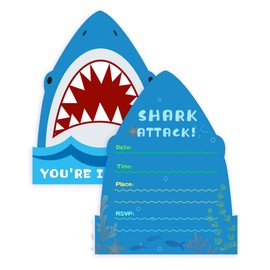 Yangmics Direct 25 Pack Shark Birthday Party Invitations with Envelopes-Double Sided -Shaped Fill-In Invitations-Shark party supplies
