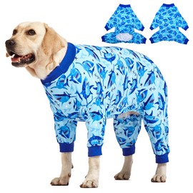 LovinPet Large Dog Clothes Pitbull, Pjs for Large Dogs, Lightweight Onesie, Sea Shark Action Print, Dog Clothing, UV Protection, Easy Wearing Adorable Dog Jumpsuit, L