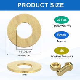 sourcing map 28 Pack Brass Flat Washer, M6 Copper Washers Crush Washer Kit Assortment, 6mm ID, 14mm OD, 1mm Thick for Bolts Screws Machinery Repair, Outdoor Construction
