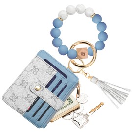 COOLANS Wristlet Bracelet Keychain Pocket Credit Card Holder Purse Tassel Keychain Bangle Key Ring for Women (Silicone Bead Bracelet+Card Purse (Blue&White))