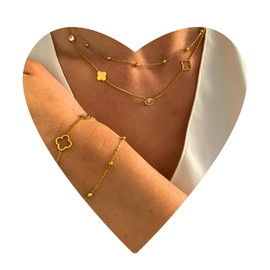 NataschaWoge® Clover Double Minimalist Jewellery Stainless Steel Gold Silver Chain Necklace Choker Gift for Her Gold Chain, Stainless Steel, Cubic Zirconia