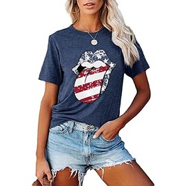 EIGIAGWNG Womens American Flag Lips T-Shirt Funny July 4th Independence Day Graphic Tees (2023-Navy, XL)