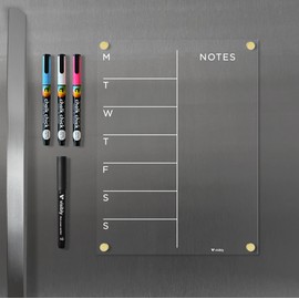 Magnetic Acrylic Weekly Calendar for Fridge, Weekly Meal Planner with Notes, Includes 4 Magnetic Wet-Erase Markers for Refrigerator, 9" X 12" | Silver Hardware