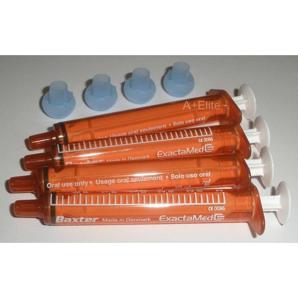BAXA ExactaMed Oral Liquid Medication Syringe 3cc/3mL 4/PK Amber Medicine Dose Dispenser with Cap Exacta-Med Baxter Comar Latex Free