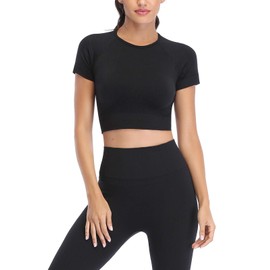 JOLLMONO 2 Piece Short Sleeve Outfits for Women Seamless Crop Tops Set for Women Workout Set（8005S-Black)