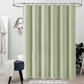 BTTN Extra Long Shower Curtain - 72x96 Inch Long Boho Chic Linen Fabric Weighted Shower Curtain Set with Hooks, Tall Modern Farmhouse Aesthetic Tassel Cloth Shower Curtain for Bathroom - Sage Green