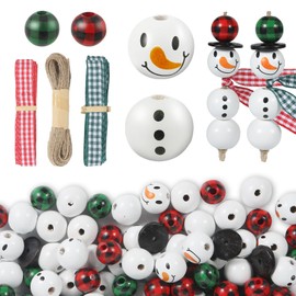 180 Pieces Christmas Snowman Wooden Beads, Winter Wooden Bead Buffalo Plaid Christmas Natural Wood Beads with Twine and Ribbon, Suitable DIY Crafts Making, and Christmas Party Decorations