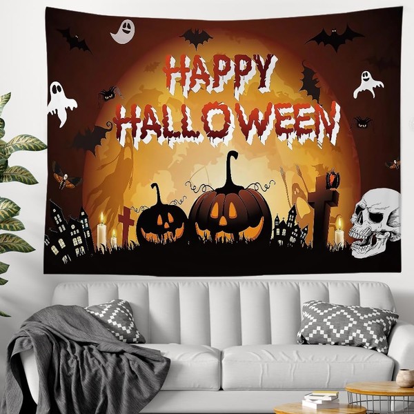 Sniperoal Halloween Tapestry,Halloween Pumpkin Skeleton in a Ghostly Graveyard Happy Halloween Tapestry,Fabric Wall Decor for Bedroom Living Room Dormitory, 78" X 59"