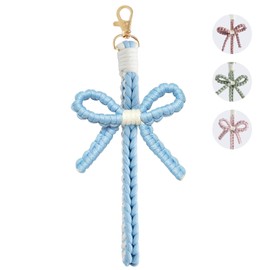 KUDOS Handmade Woven Keychain Wristlet – Stylish Keyring Holder Bracelet Wrist Lanyard for Women(Blue Bow Shape)