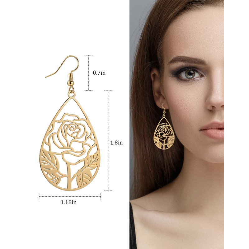 Teppdfann Gold Plated Rose Flower Filigree Teardrop Dangle Earrings Vintage