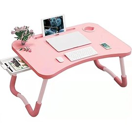 Foldable Bed Table for Laptop, Laptop Desk Table Stand, Laptop Bed Tray Table with Storage Drawer, Notebook Stand Lap Desk for Writing Reading Eating, Portable Laptop Table for Bed Sofa Floor-Pink