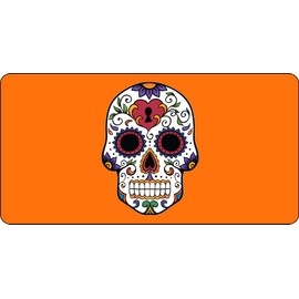 Sugar Skull Design On Orange Photo License Plate