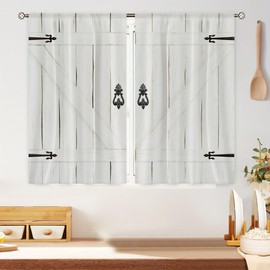 Visioun Farmhouse Vintage Barn Door Rustic White Wooden Small Short Kitchen Curtains Retro Country Plank Cafe Curtains Rod Pocket Bathroom Tier Window Drapes Treatment Fabric 2 Panels (27.5x39 Inch)