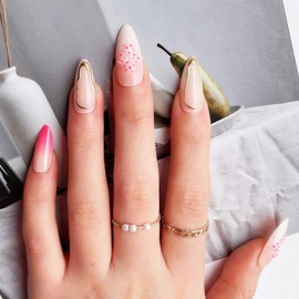 24Pcs Peach Blossom Medium Almond Fake Nails 3D Flower Press on Nails Gold Curve Line Gel Glue on Fingernails Glossy Pink Gradient Stick on Nail Acrylic Full Cover False Nail for Holiday Manicure Art